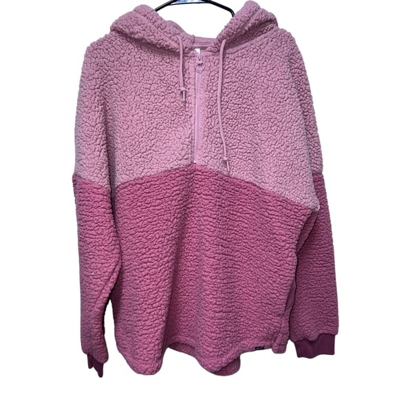 PINK Victoria's Secret Tops - PINK‎ Victoria's Secret Two-Tone Pink Sherpa Half-Zip Hoodie Women Medium